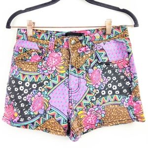 MinkPink Denim Shorts Pink Patchwork Floral Cheeky Booty Shorts Size Medium